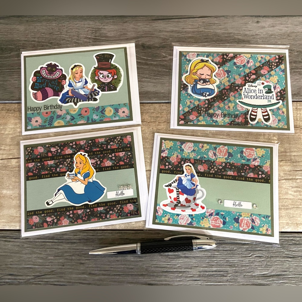 Set Of 4 Handmade Alice In Wonderland Note Cards - Picture 2 of 9
